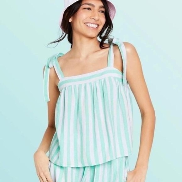 STONY CLOVER X TARGET Blue Striped Shoulder Tie Cropped Linen Tank Women’s Sz S - Picture 1 of 3